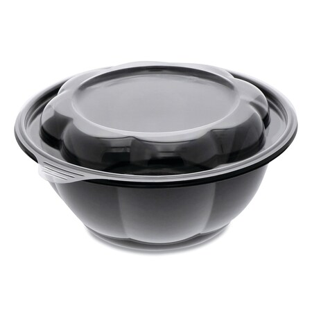 Pactiv Evergreen Roseware Bowl and Lid Combo, 80 oz, 9.75" Diameter x 9h", Black Base/Clear Lid, PK252 LRW80B120